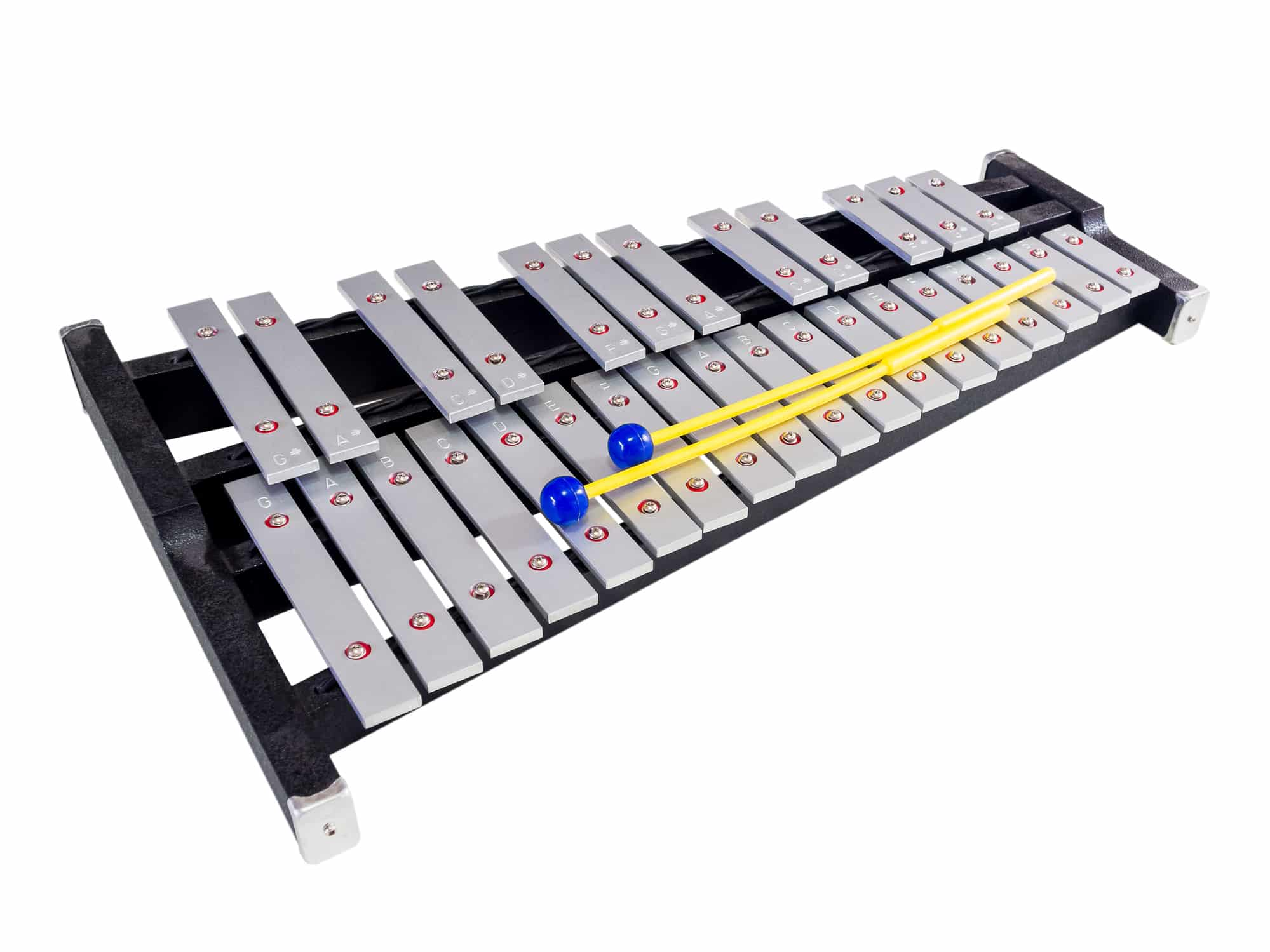 Xylophone with mallets on isolated white background, selective focus